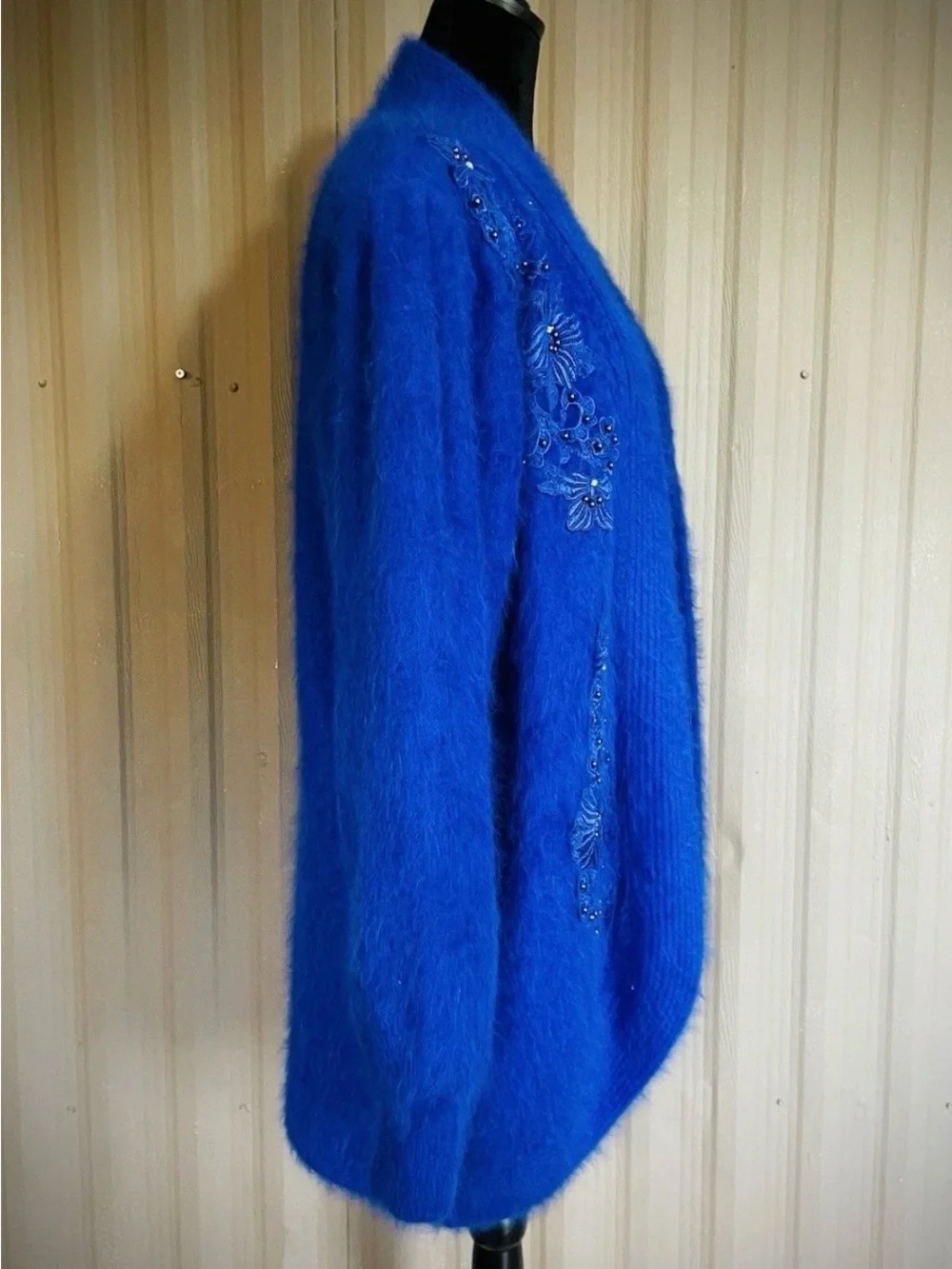 VTG 80% Angora Royal Blue Cardigan Sweater Jacket Beaded 80s Korea Puff Slv XL